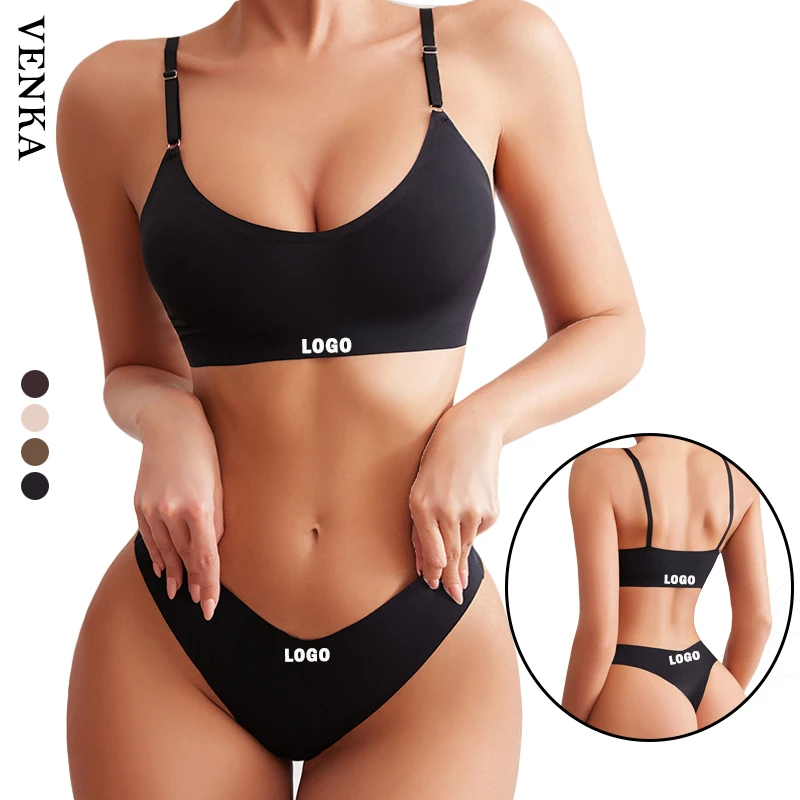 High Quality Women Low Waist Bra Panties Set Ladies Thong Deep V-neck No Underwire Yoga Sports Underwear Set