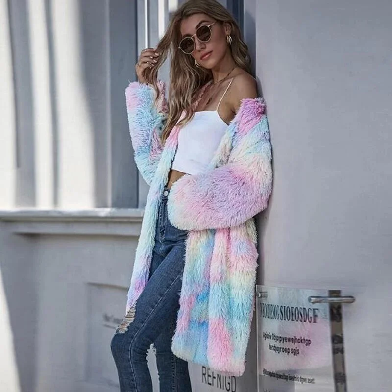 Autumn and Winter Fashion Loosen Oversize Plush Coat Rainbow Colorful Ferry  Long Sleeves Cardigan Casual Coat Customized