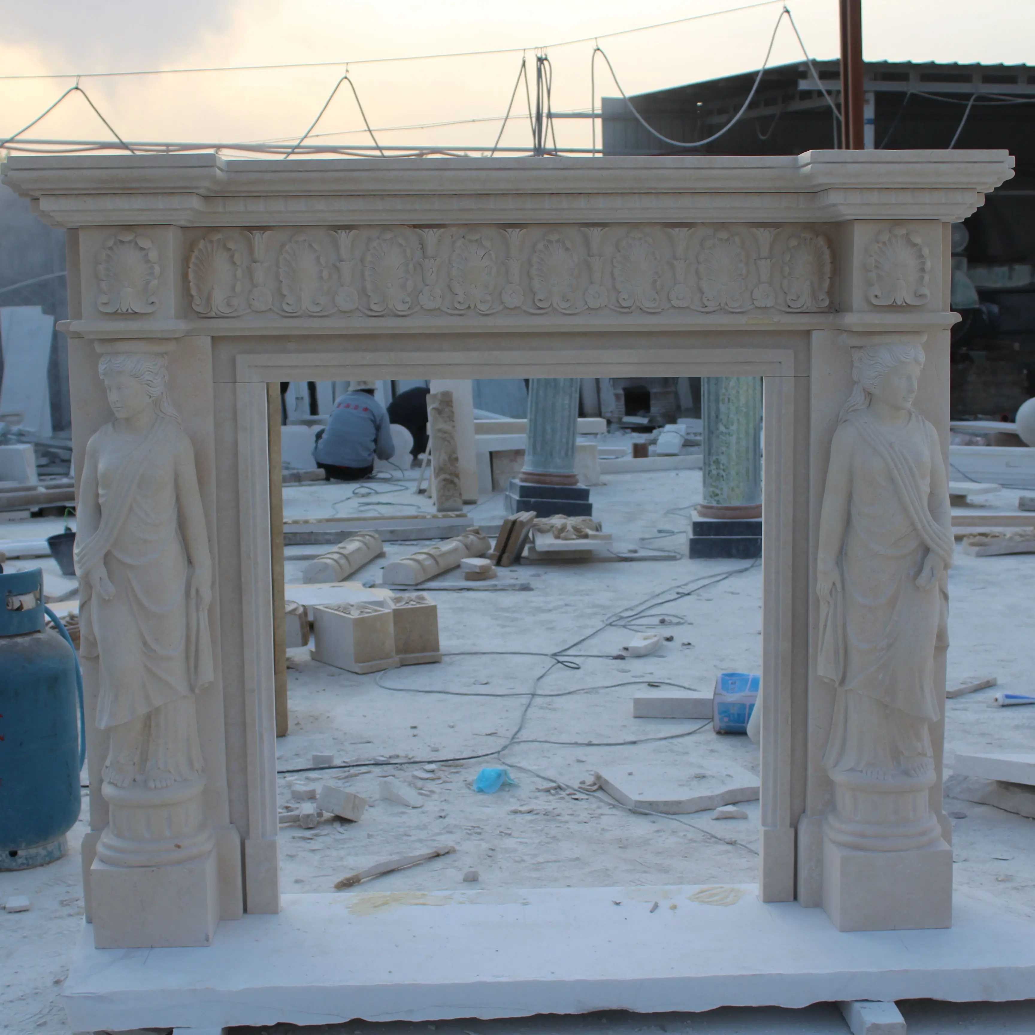 Factory handmade custom simple style yellow lion exquisite marble fireplace interior decoration antique marble fireplace