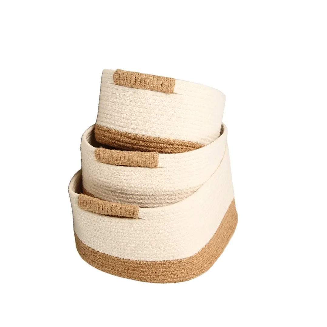 Simple Set of 3 Customization hand made beige white multi-function cotton rope storage basket