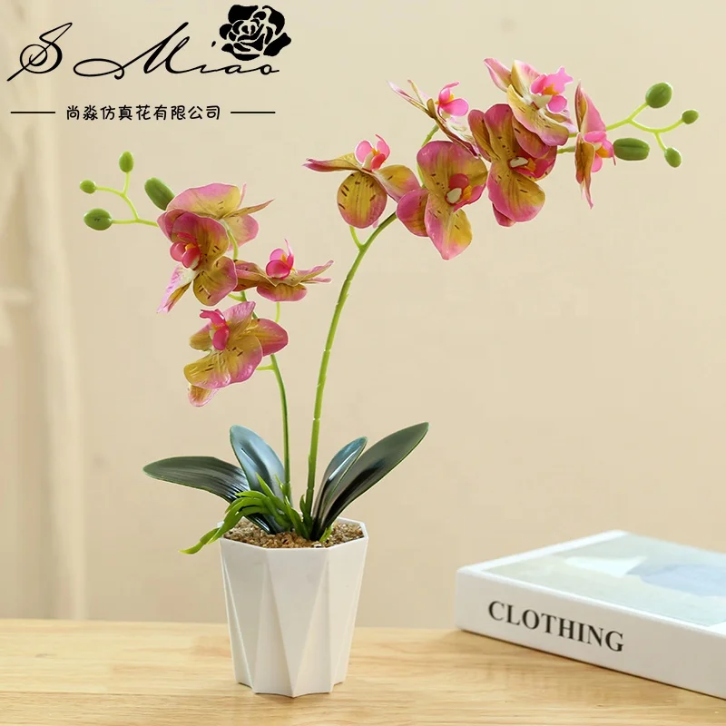 Wholesale artificial orchids and white plastic pot bonsai office decoration