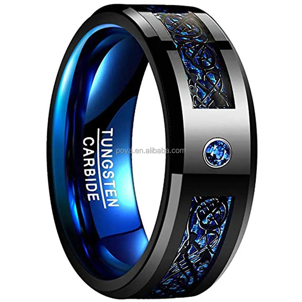 POYA Tungsten Black Dragon Carbon Fiber Inlay Red Green Blue Anodized Aluminum Sleeve Ring for Men