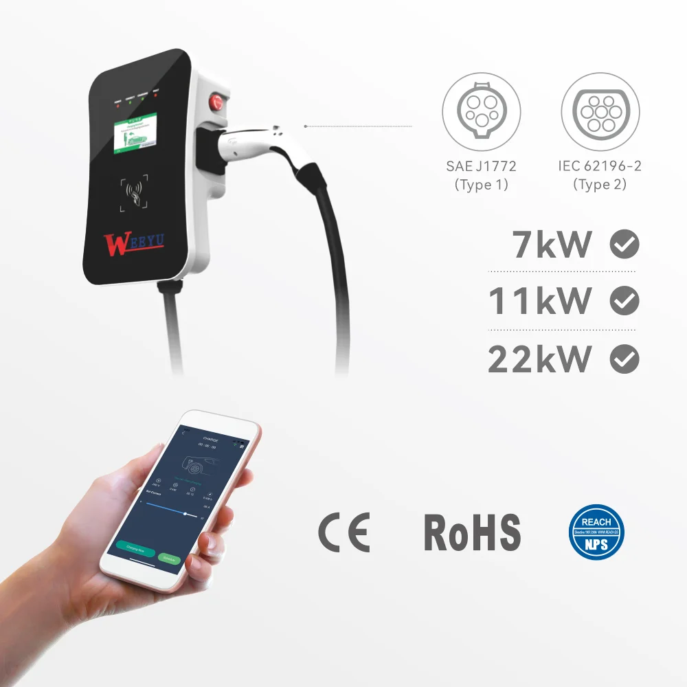 weeyu 2022 Updated Version Type 1 Type 2 EV Charger Wallbox 22KW EVSE Home Electric Vehicle Charger From China