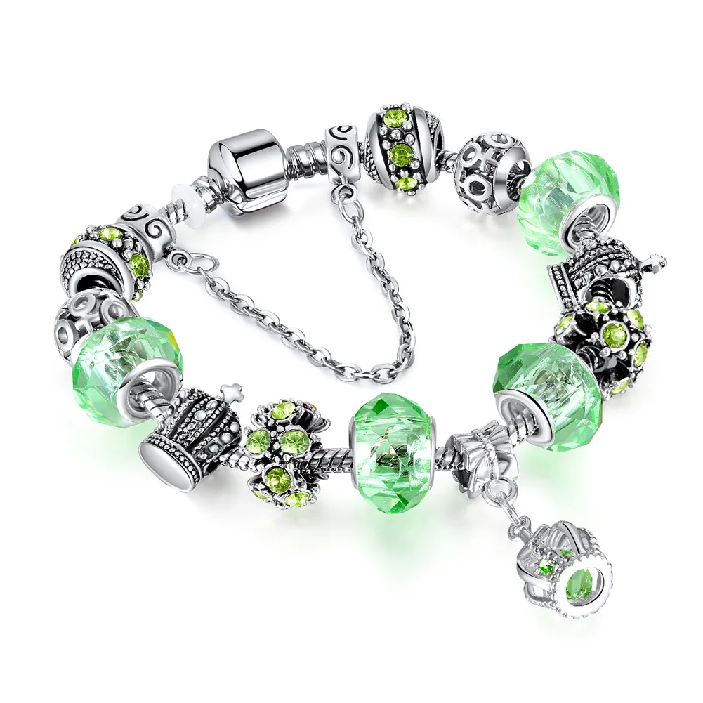 European Green Purple Lampwork Charm Bracelet Antique Silver Plating DIY Colorful Crystal Zircon Crown Charm Bracelet