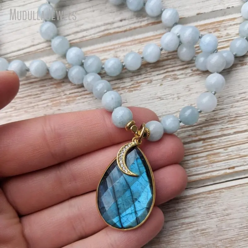 MN31559 Wisdom Healing Egyptian Goddess Isis Aquamarine  Mala Bead Necklace 108 Mala NECKLACE with Crescent Charm