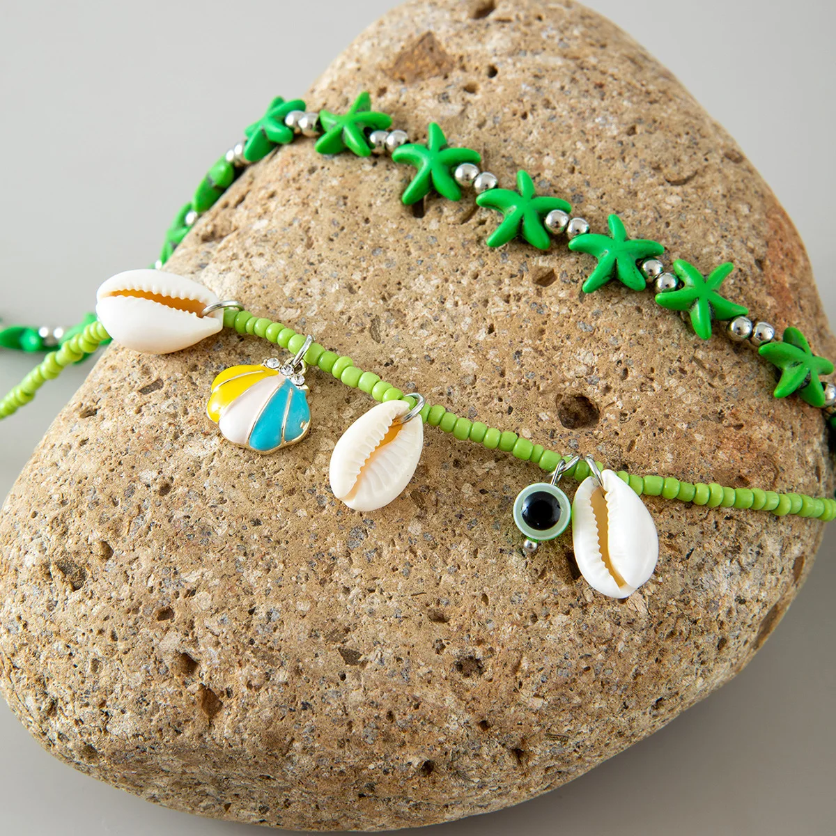 Ladies Double-Stranded Waist Chain with Colorful Rice Beads Contrast-Color Boho Gravel Shell Pendant Sexy Body Chain Set