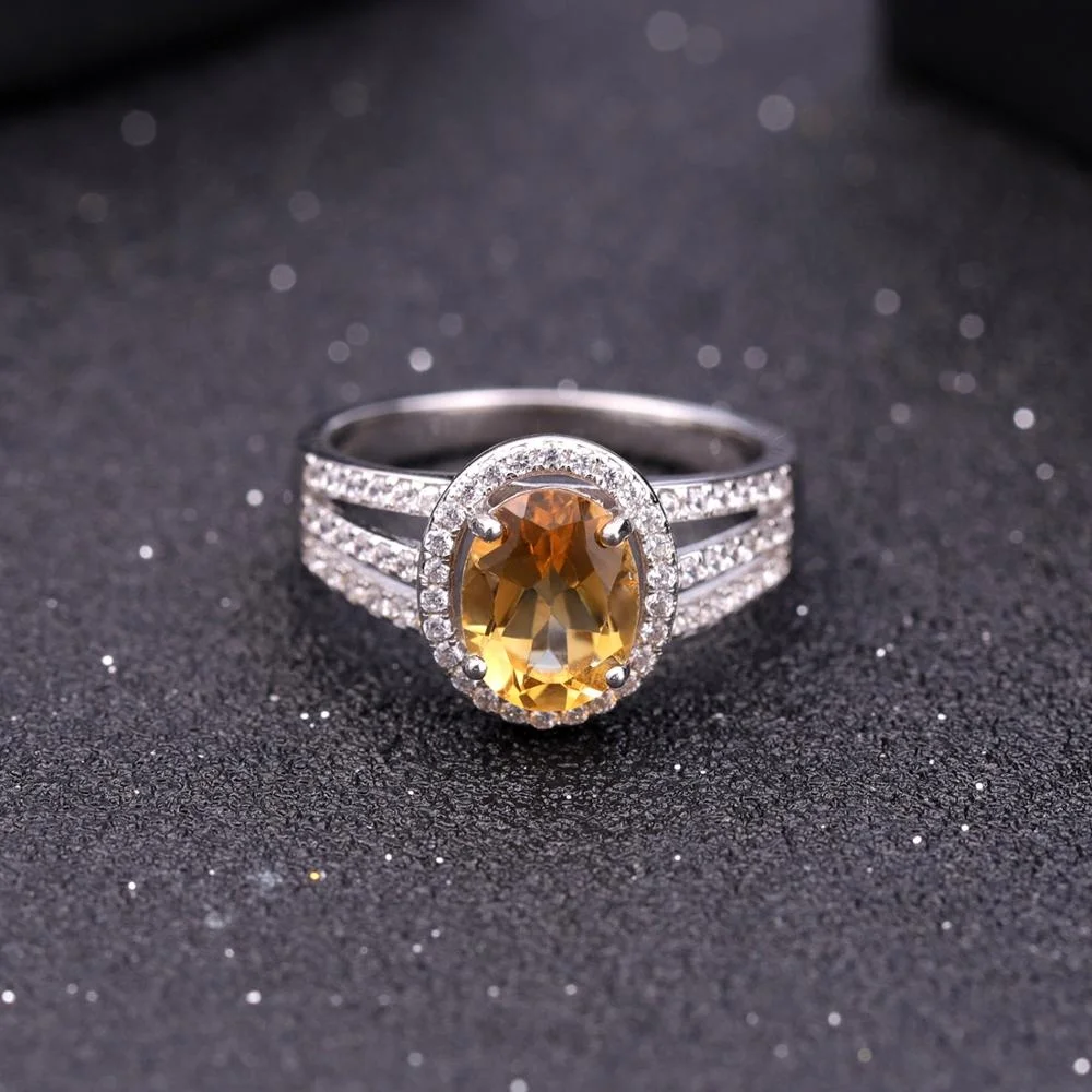 N0074 Abiding Cubic Zirconia Halo Natural Citrine Stone 925 Silver Pendant Earrings Ring Set For Bridal