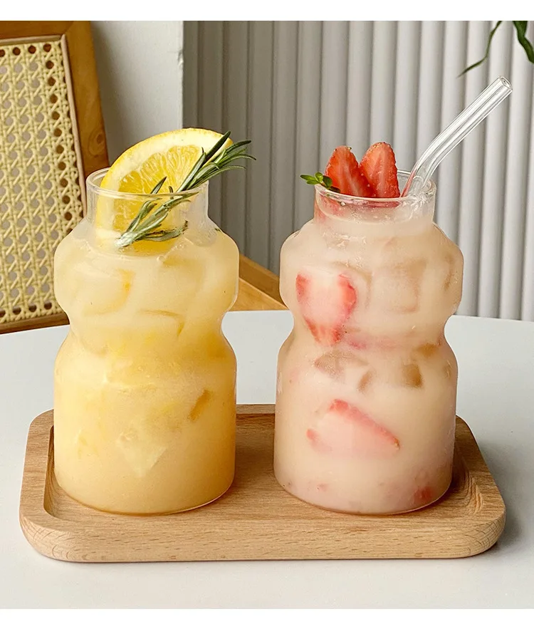 250ml/440ML Simple Stripe Coffee Glass Cup With Lid And Straw Transparent Bubble Tea Cups Breakfast Mug