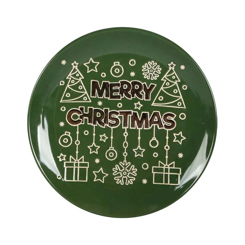 Holiday best-selling tableware manufacturers wholesale Christmas text pattern metal glaze ceramic salad plate