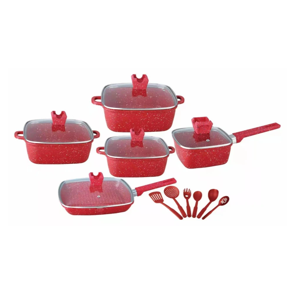 High quality 16pcs square granite marble Maifan stone non stick pans set