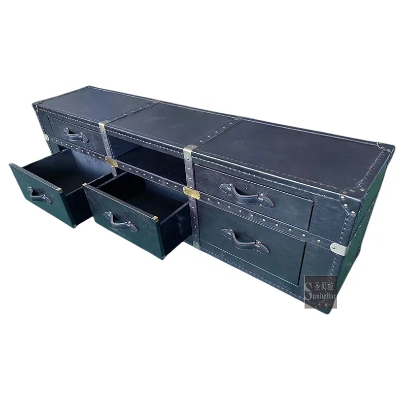 luxury TV cabinet high quality home floor stand TV table with drawers vintage genuine leather stainless steel console cabinet