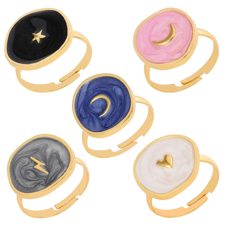 Colorful Heart Moon Star Lightning Sign Ring Enamel Pendant Charms Ring Adjustable Rings For Women Wedding