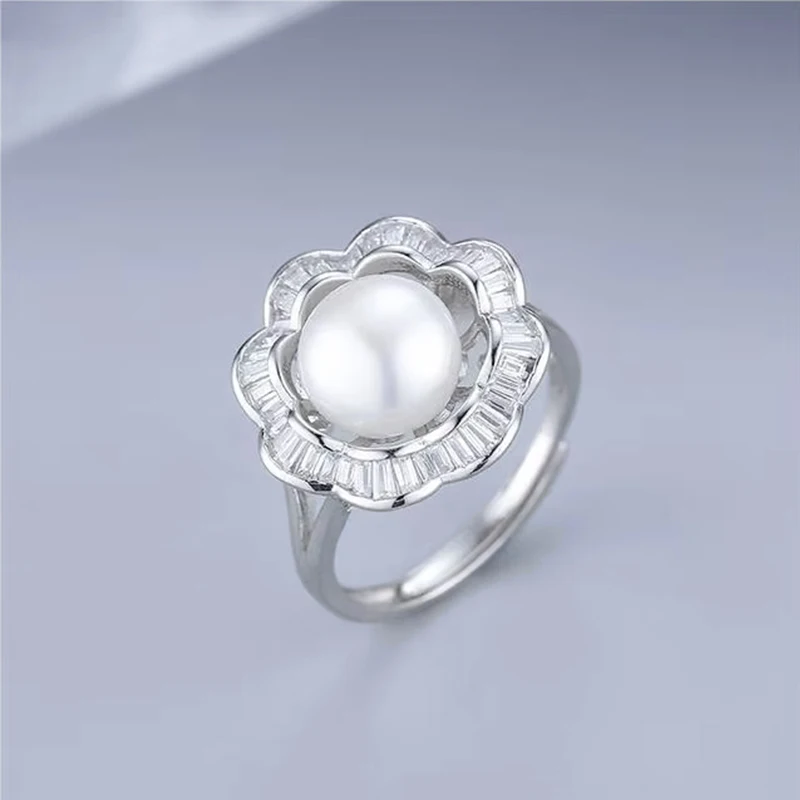 Fashion Jewelry Elegant Round Pearl flower design Ring for Girls 925 sterling silver Zircon ring for brides wedding ring