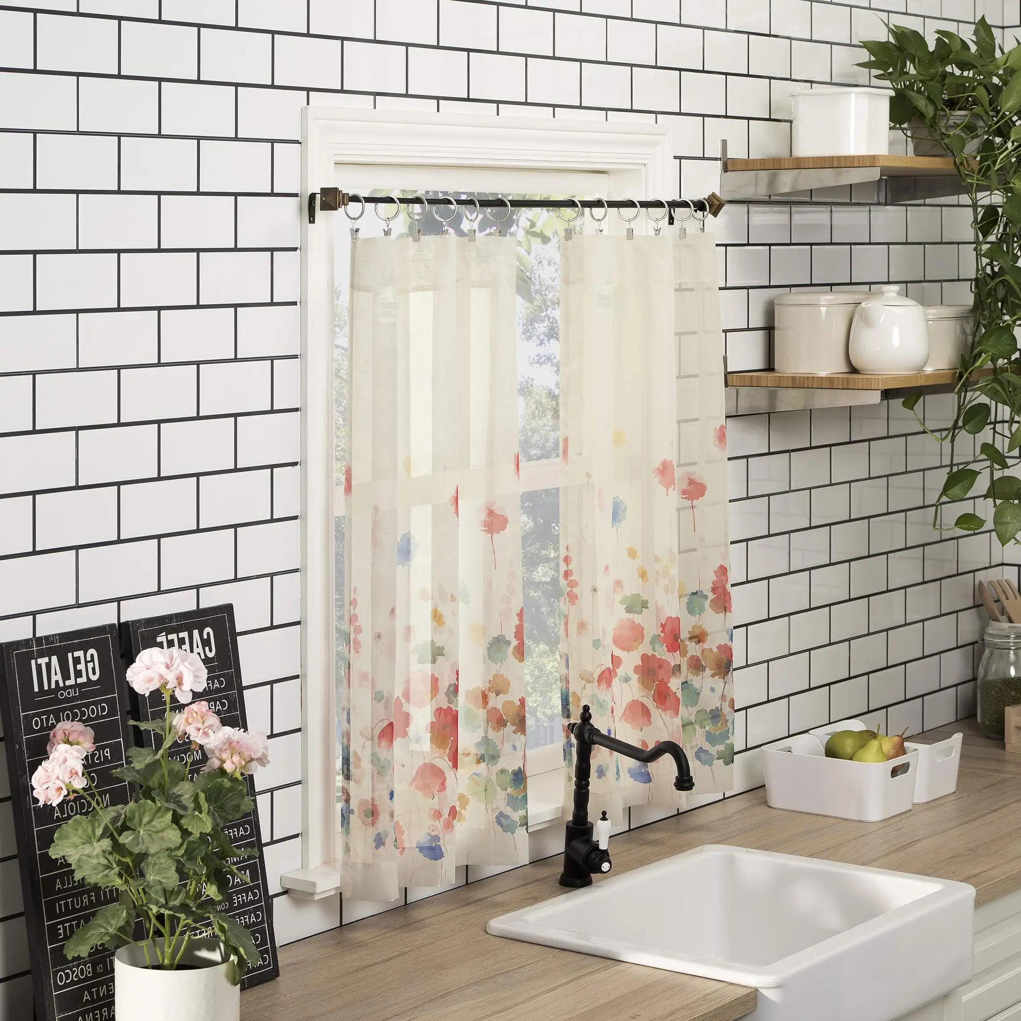 Dandelion Floral Botanical Pattern Semi Sheer 3 Pieces Rod Pocket Kitchen Window Curtain Sets With 2 Tiers