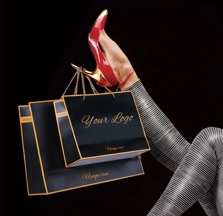 Gold Foil Oversize Shopping Bag Luxury Custom Logo Paper Black Bag With Ribbon Handle