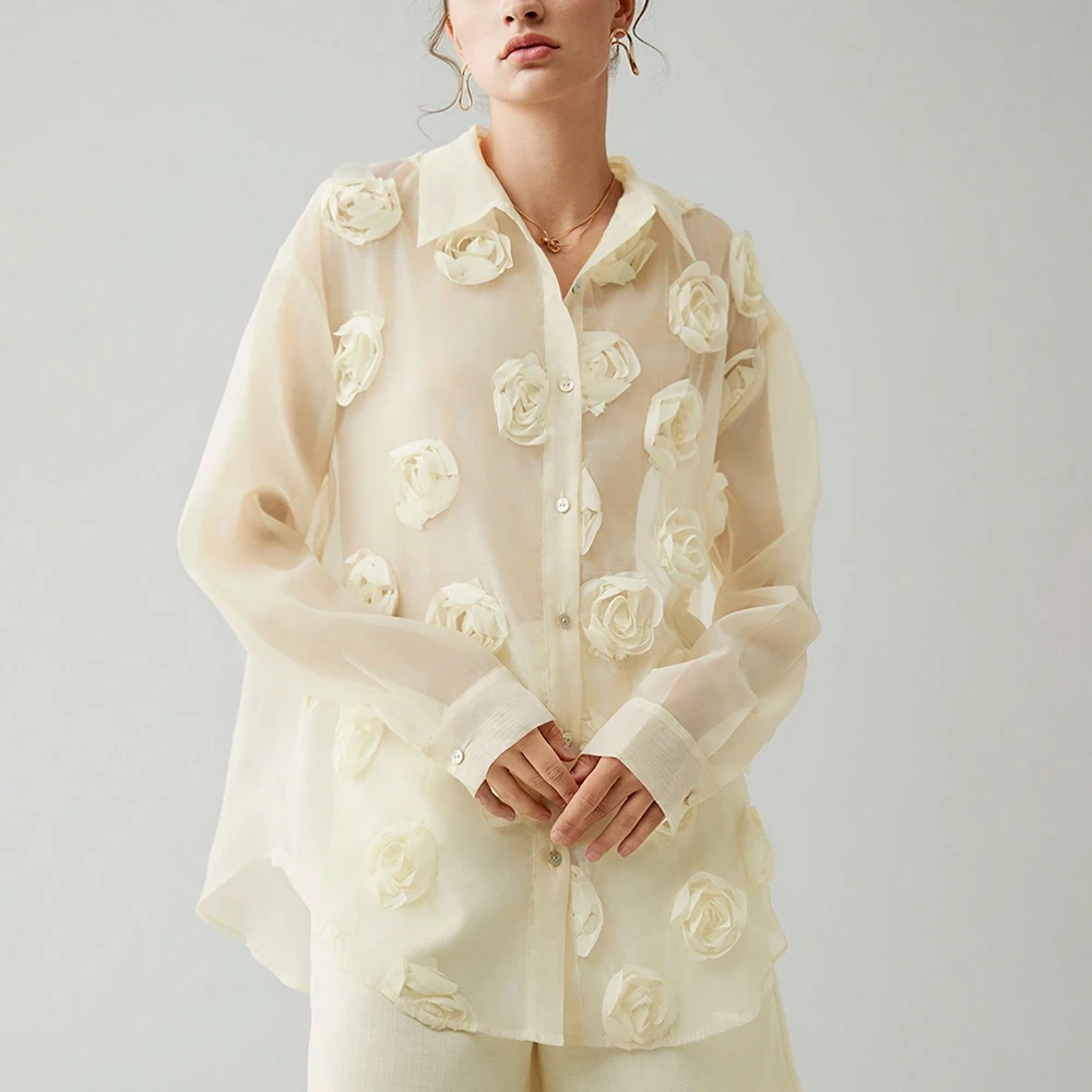 Шифоновый кардиган с розами рубашка на пуговицах модная скромная блузка длинным рукавом для девочек элегантные женские блузки и рубашки