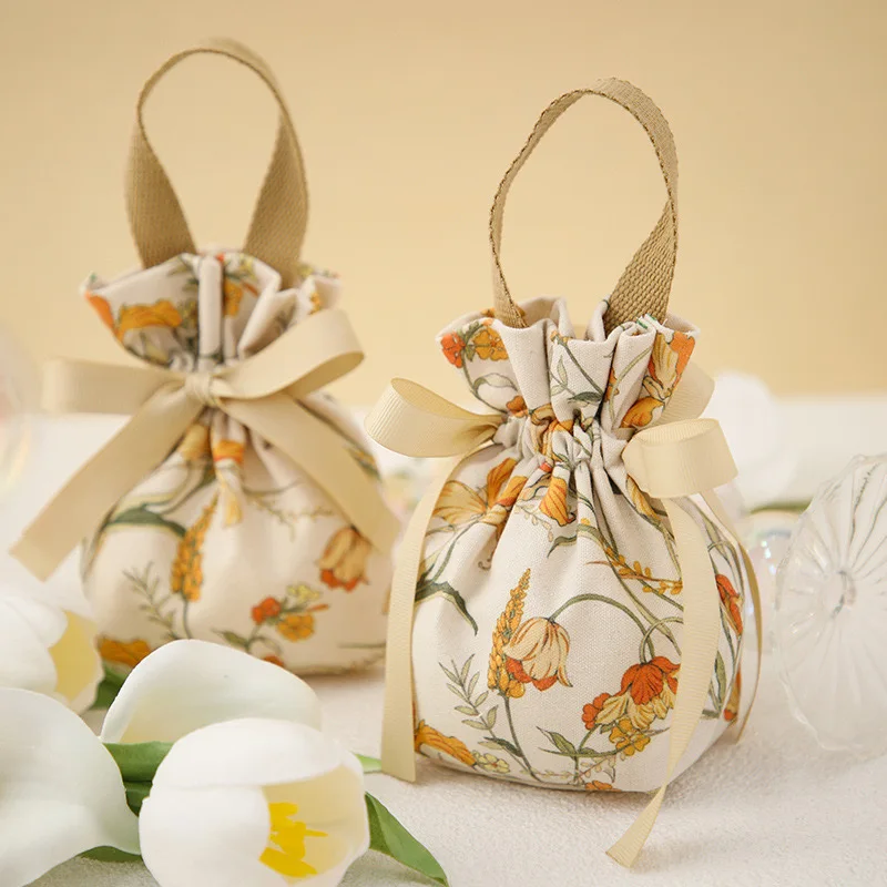 Flower Printed Pouch New Design Wedding Candy Bags Drawstring Pouch Candy Canvas Sachet Gift Bags