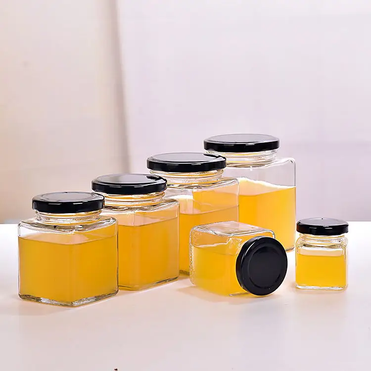 50ml 80ml 100ml 150ml 200ml 280ml 380ml 500ml 730ml Empty Square Clear Glass Honey Jar For Food Storage Jam with Metal lid