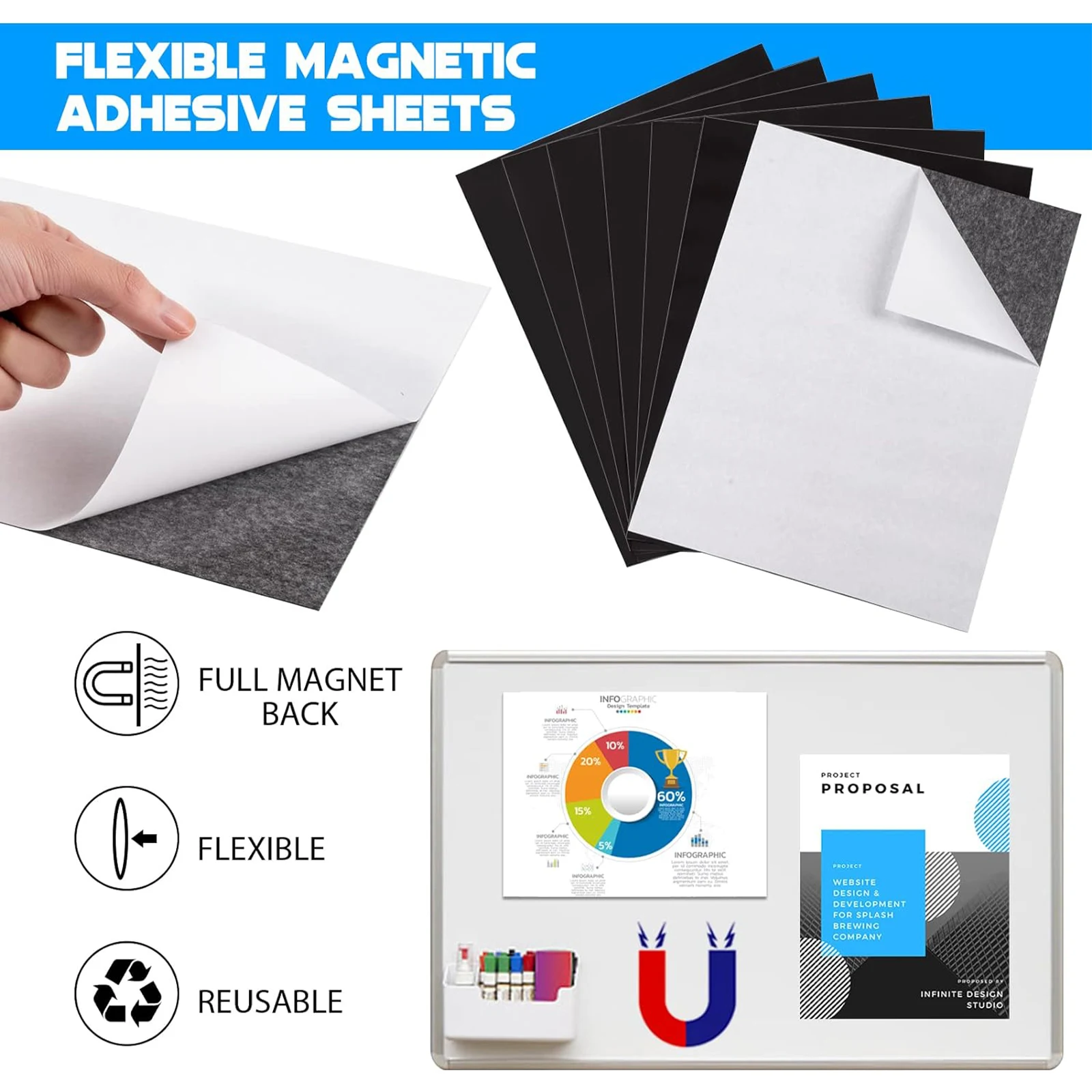Flexible Adhesive Magnetic Sheets 16Mil 8.5*11 Inch Self Adhesive Sticker For Photo and Picture Magnets Craft Magnet Stickers