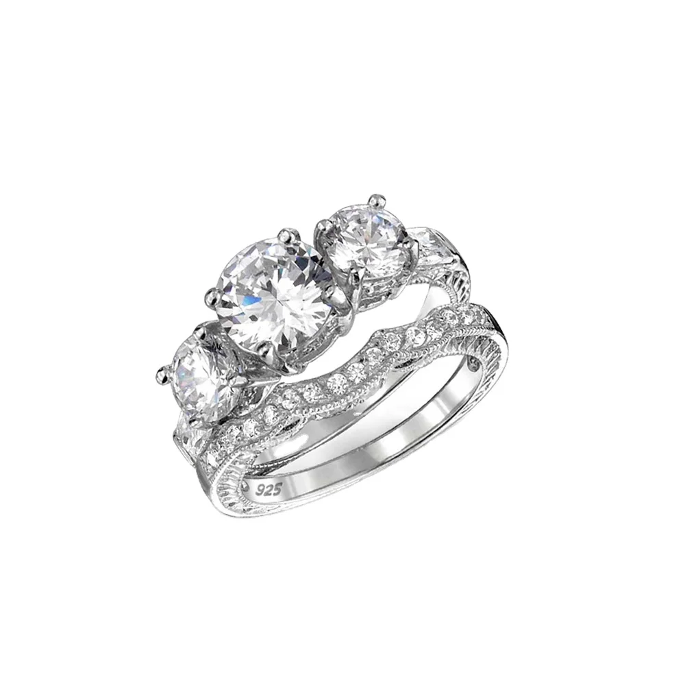 Elegant Couple Sterling 925 Silver Three Zirconia Stone Jewelry Making Ring Wedding