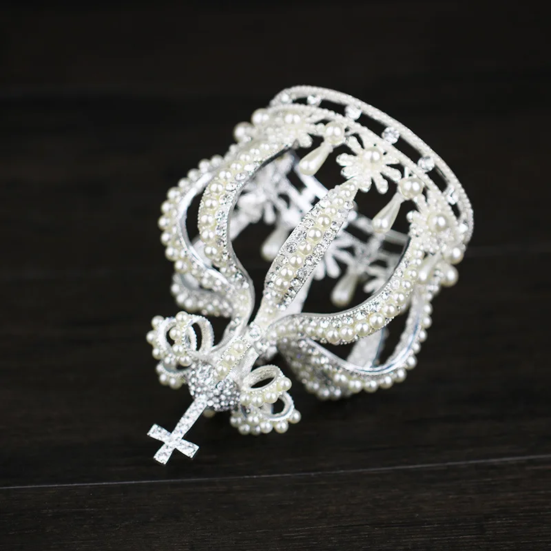 Full Pearls Golden Silver Kings Crown Delicate Hollow Out Large Round Gold Crowns Metal Rhinestone Hair Accessories Women Luxury