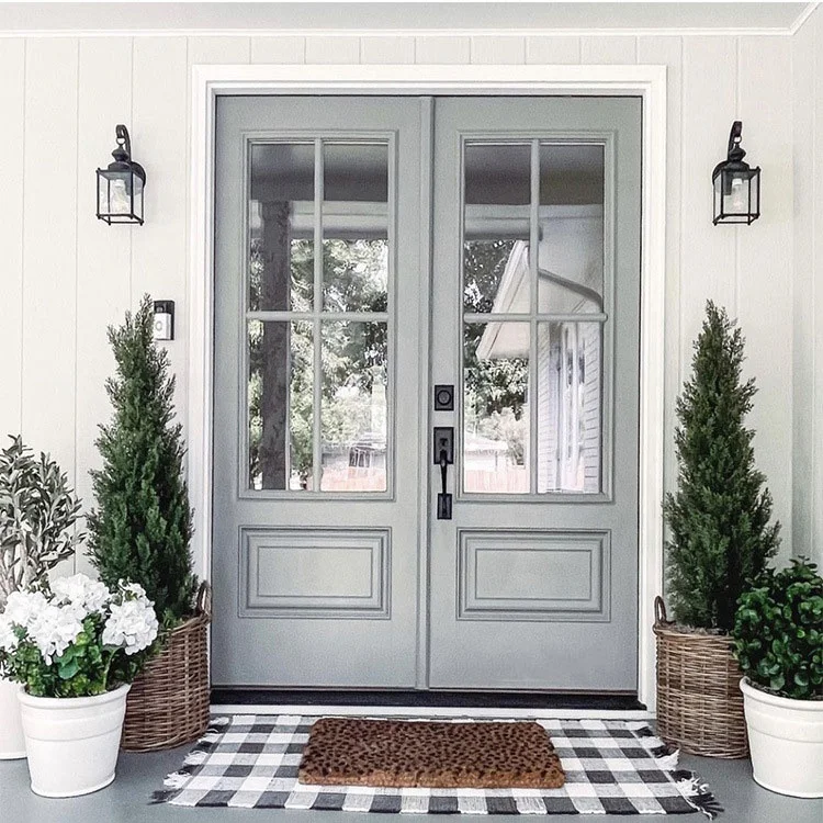 Exterior door Modern wooden double panel swing type security front door bright European style double glass door