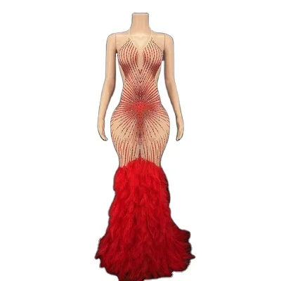 Full of drill feather suspender long dress host catwalk birthday party red carpet nightclub bar costume