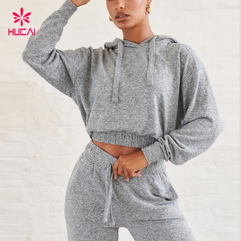 Custom new hucai High Quality Women grey cotton crop top sweatpants velour sweat suits sweatsuit sets women