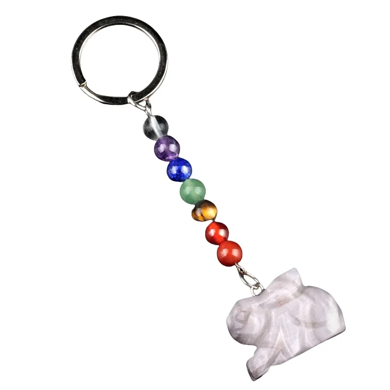 Wholesale Colored Round Bead Crystal Keychain Crazy Agate Crystal Stone Rabbit Pendant Keychain Accessories