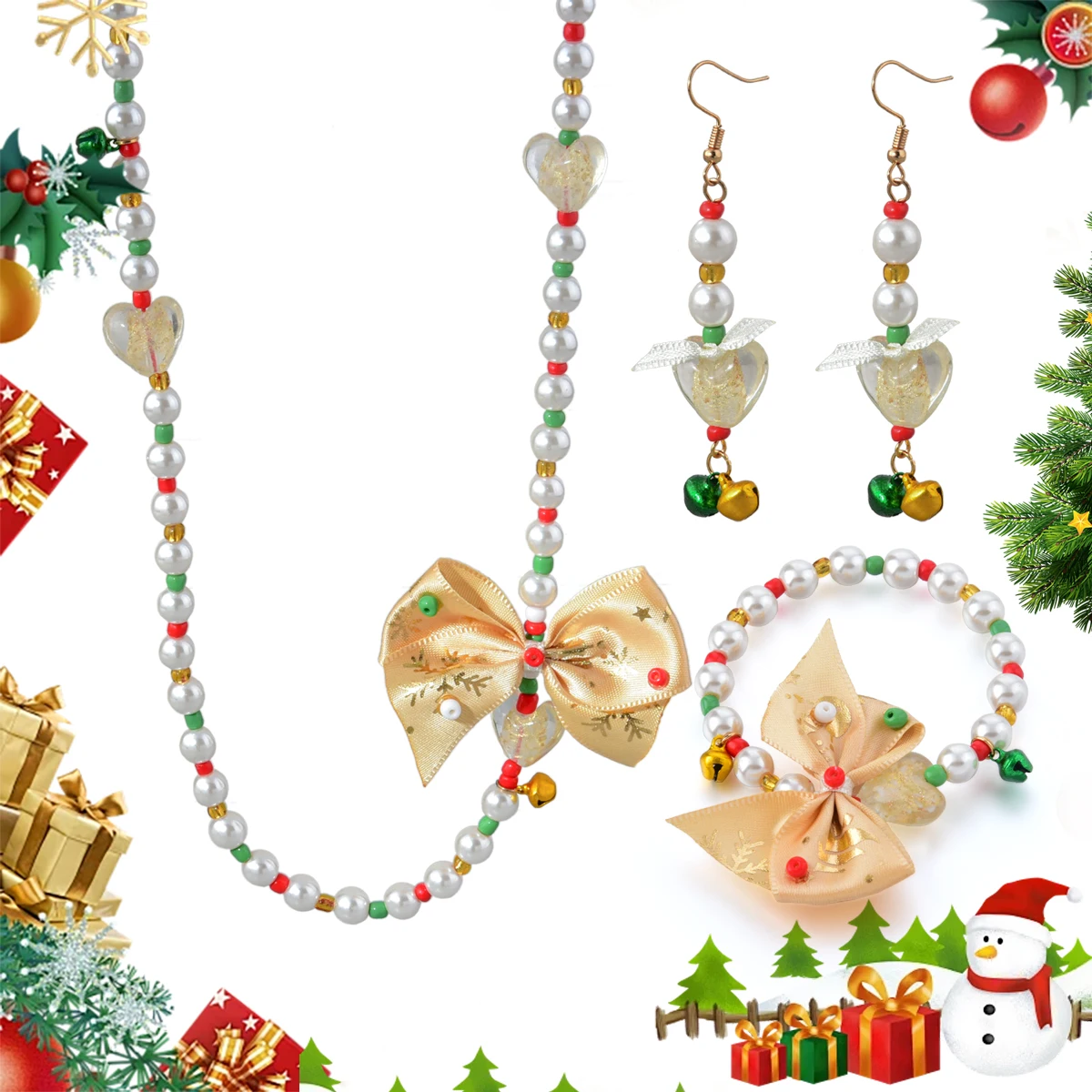 Оптовая продажа ручной работы Рождественский комплект ювелирных изделий жемчужные бусины ожерелье браслет серьги набор