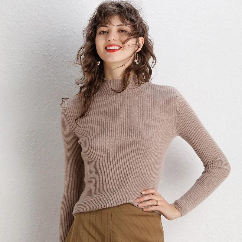 2022 Fashion Ladies Long Sleeve Slim Women Half Turtleneck 100% Pure Merino Wool Sweater