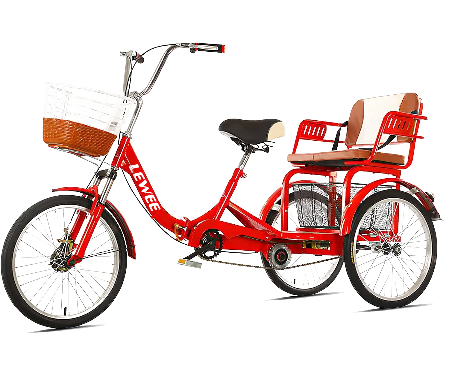 LEWEE  New 20inch Adult Tricycle Folding Bicycle Comfortable Seat 3 Wheel Bicycle With Basket Double Chain For Parents And Kids