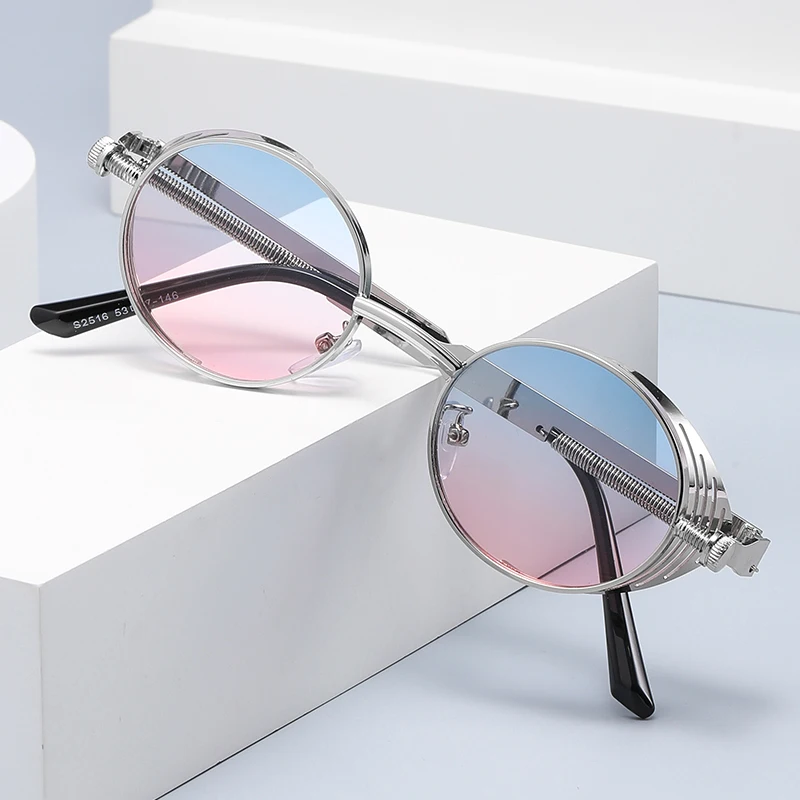 S2516 Unique Women Luxury 2024 Pc Lenses Sunglass Steam Punk Sunglasses Oval Metal Sunglasses Free Shipping