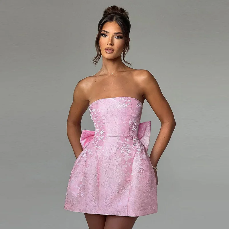 Summer Off The Shoulder Jacquard Pink Mini Princess Dress With Big Bow Vestidos Women Elegant Summer Casual Dresses