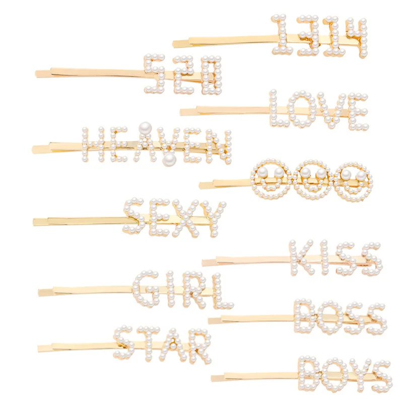 Fashion customizable letter pearl hair pin smiley face LOVE BOYS GIRL KISS 520 hairpin word clip bangs clip wholesale