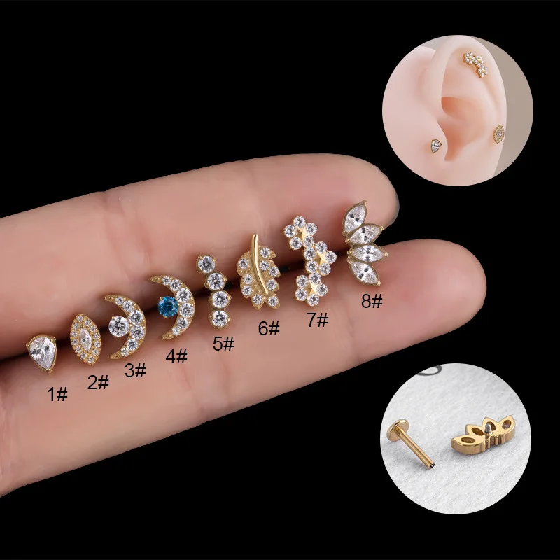 Moon leaf zircon f136 titanium piercing jewelry women ear septum helix cartilage tragus piercing earring jewelry