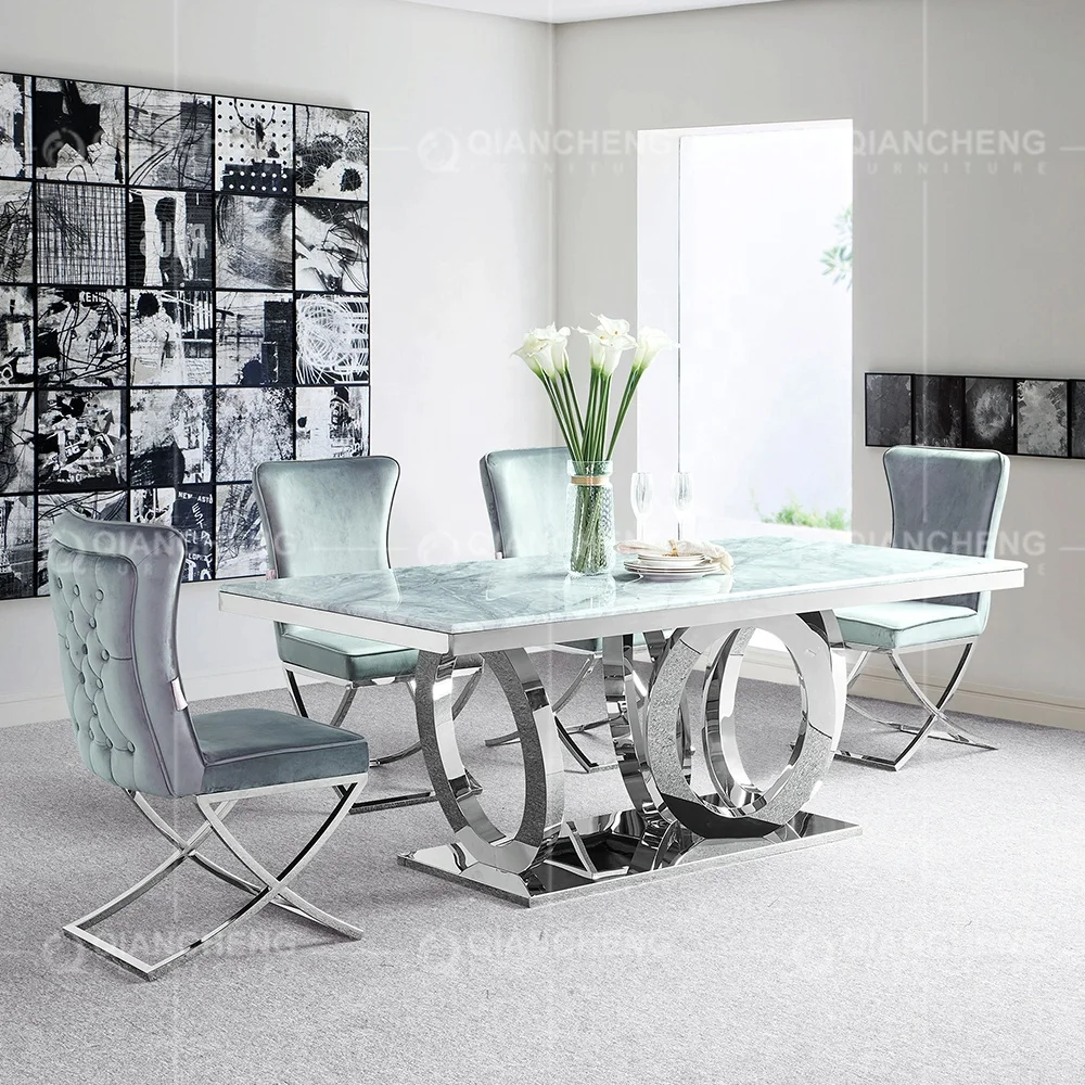 Custom Made Light Luxury Quartz Dining Table Nordic Silver Stainless Steel Metal Furniture Leg Black Marble