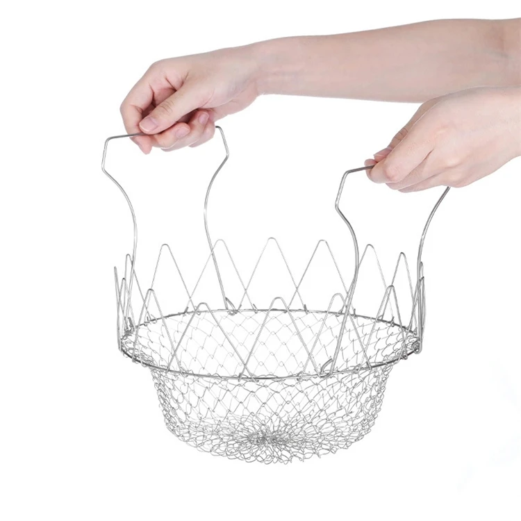 201/304 stainless steel expandable folding wire mesh frying basket ,  multifunctional chef drain basket
