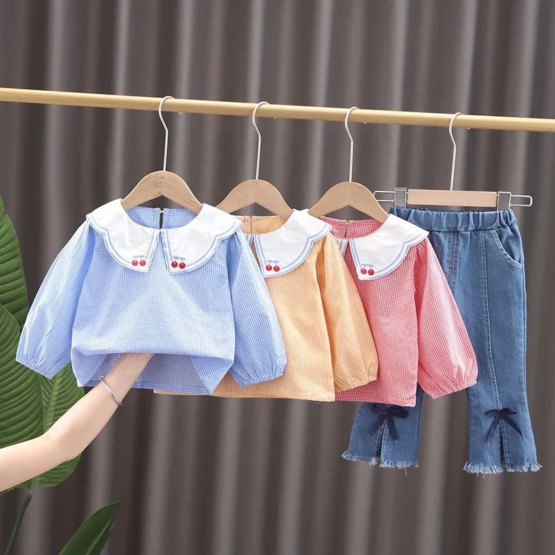 Autumn new girls clothes Checkered blouse + jeans Korean style toddler girl clothes two-piece set girls boutique clothes