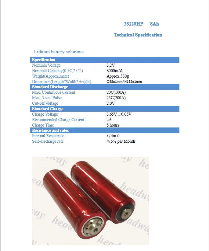 200A High Rate Headway  38120 Battery  3.2V   8Ah 38120HP Rechargeable LiFePO4 Battery