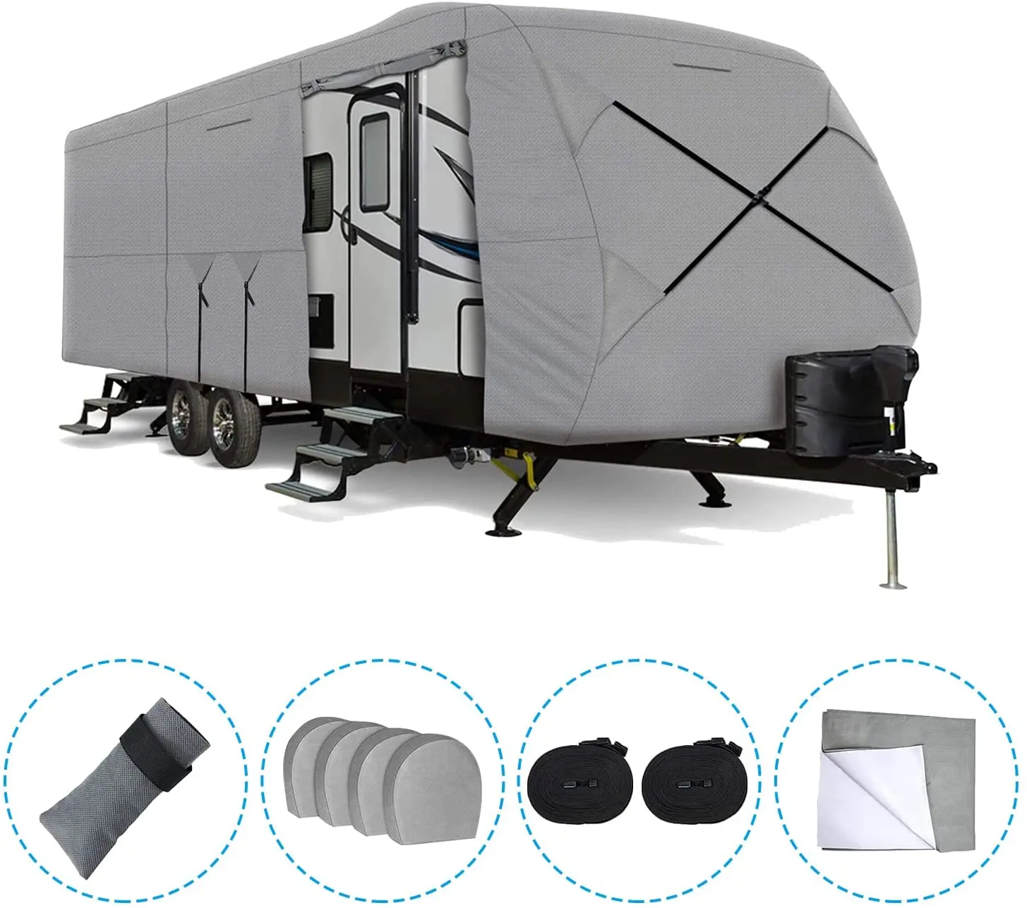 Windproof Upgraded Extra Thick 4 Layers Top Travel Trailer with 4 Tire Covers, Tongue Jack Cover Camper Cover