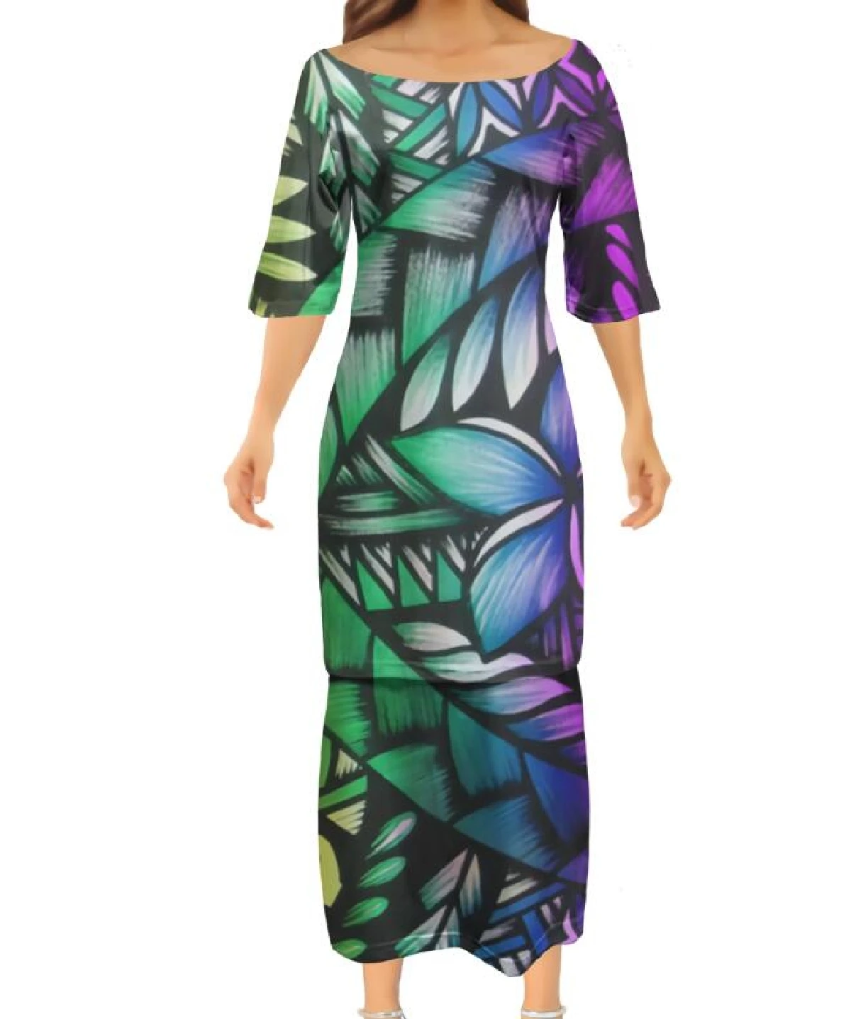 Summer Custom Maxi Casual Dresses Polynesian Tattoo Ladies Dress Big Round Neck Puletasi Half Sleeve Top and Skirt Set Female