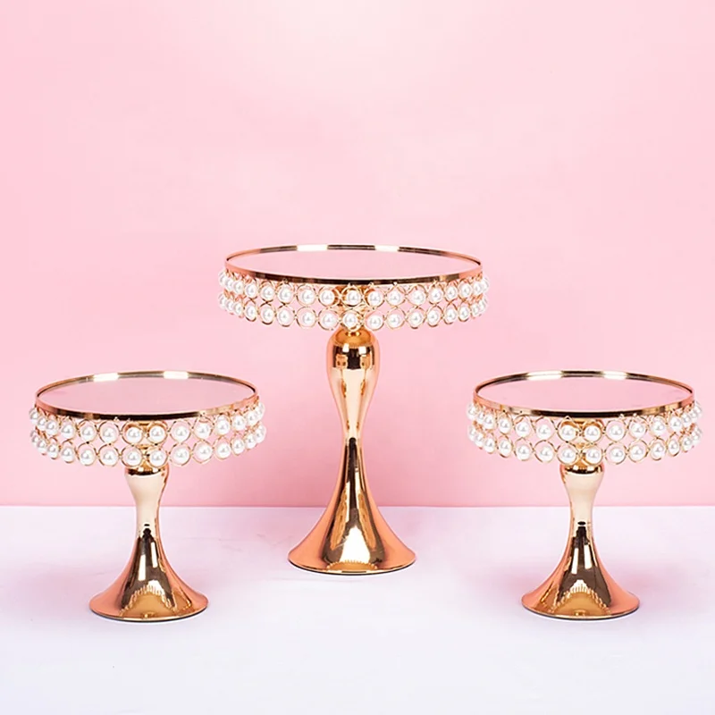 
luxury metal mirror Pearl cake stand set gold silver wedding decorations supplies party Dessert stand topper round Separable 