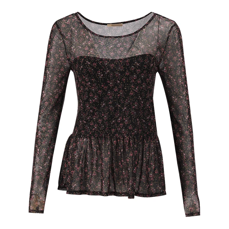 Summer Fashion Lace See Through Long Sleeve Round Neck Printed Slim Fit Elegant Tops For Women