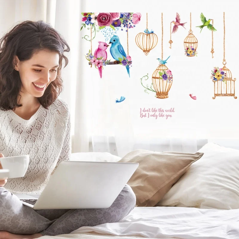 HM92018 Настенная Наклейка в виде птичьих попугаев, милый мультяшный попугай, домашний декор