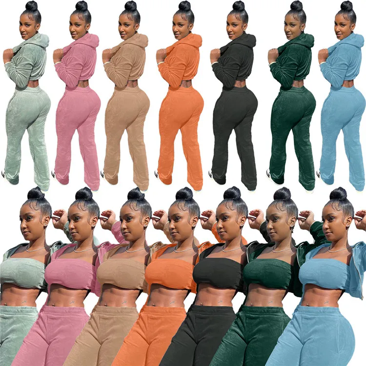 2021 Fashion Ladies Long Sleeve Outfits Tube Top Hoodie Velour Fall Women Clothing 3 Piece Set