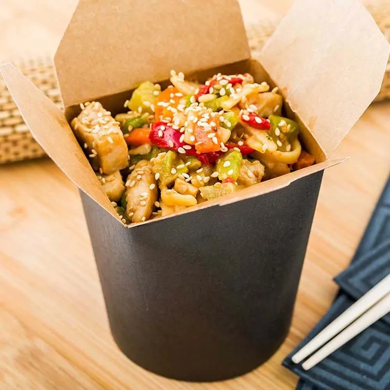 Bio Box 16 Ounce Chinese Take Out Boxes, Round Food To Go Boxes - Leak And Grease-Resistant, Tab-Lock, Black Paper Take Home Box
