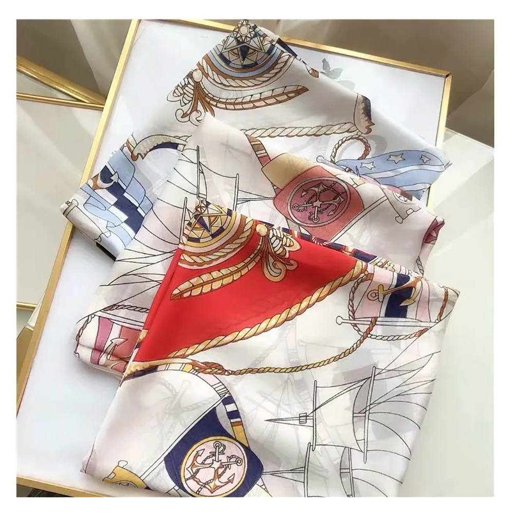 In Stock 2022 fashion custom designer digital printing luxury satin silk scarf square 90*90cm satin women shawls