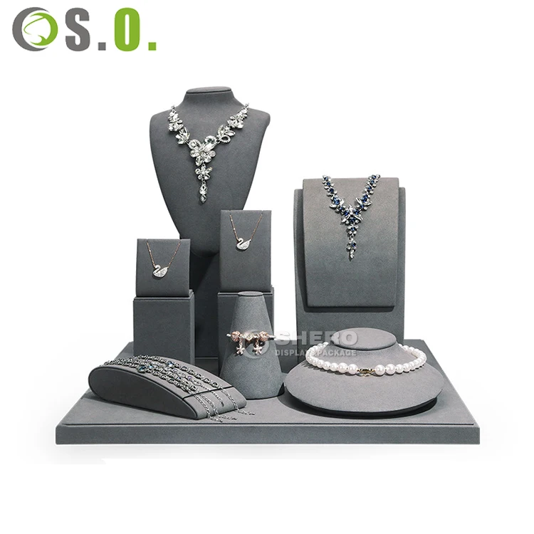 jewellery display stand customized logo metal showcase microfiber stand necklace set wooden jewelry display