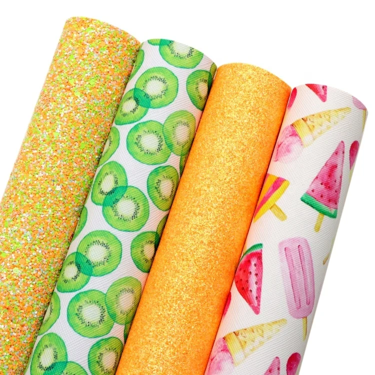4pcs/set Fruit Kiwi Popsicle Print Yellow Faux Leather Material Mix Glitter Sheets Synthetic Leather Fabric For Diy 1187519